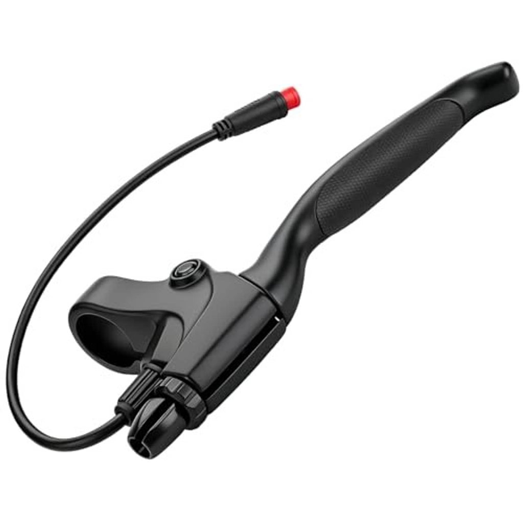 Black right brake handle lever with curved arm and red cable connector