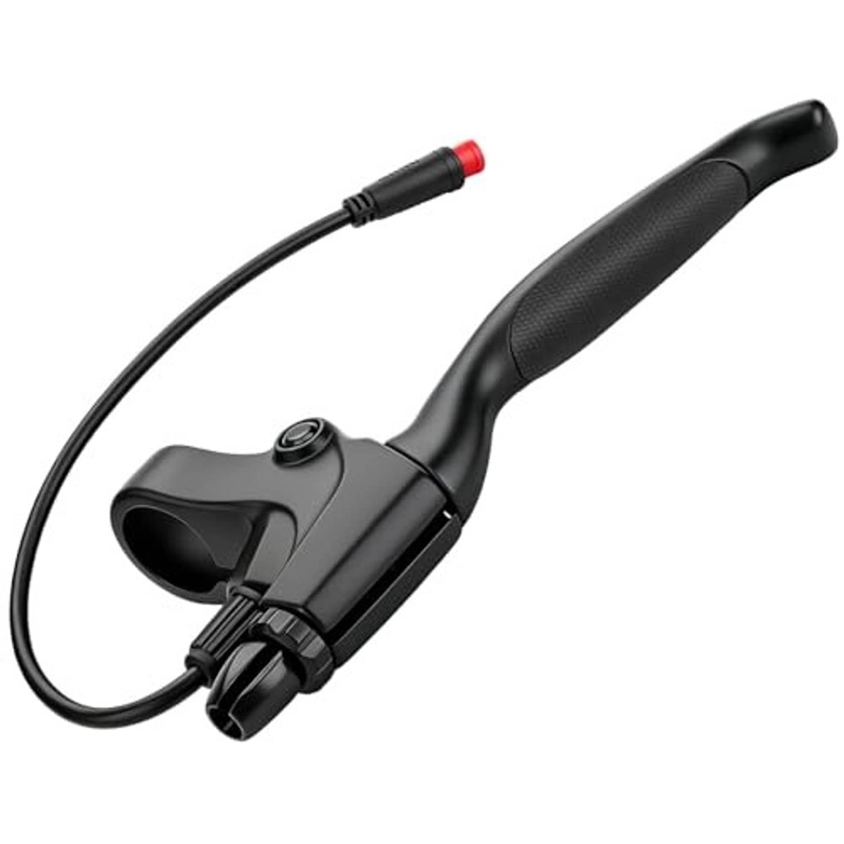 Black right brake handle lever with curved arm and red cable connector
