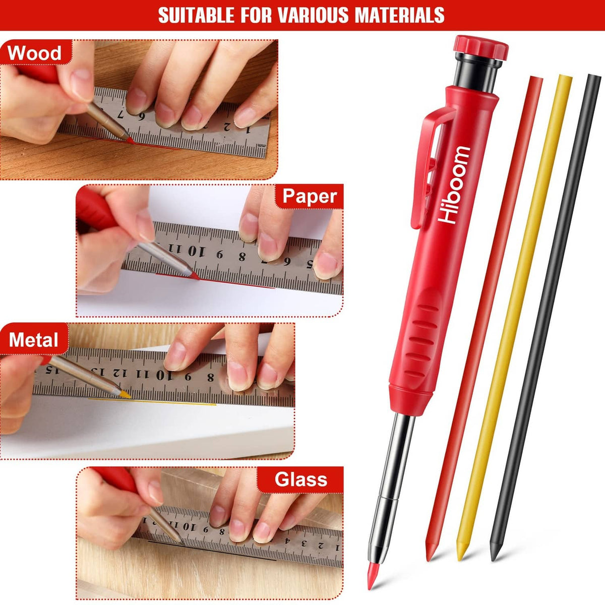 Carpenter pencil set for wood and paper, red body with yellow and dark refills