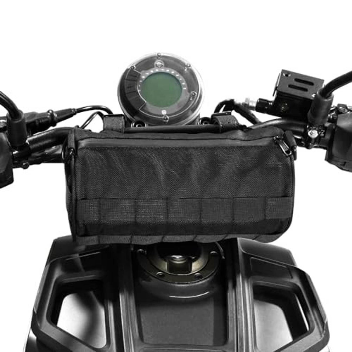 Black motorcycle fork bag close-up with top handle and metal ring mounting
