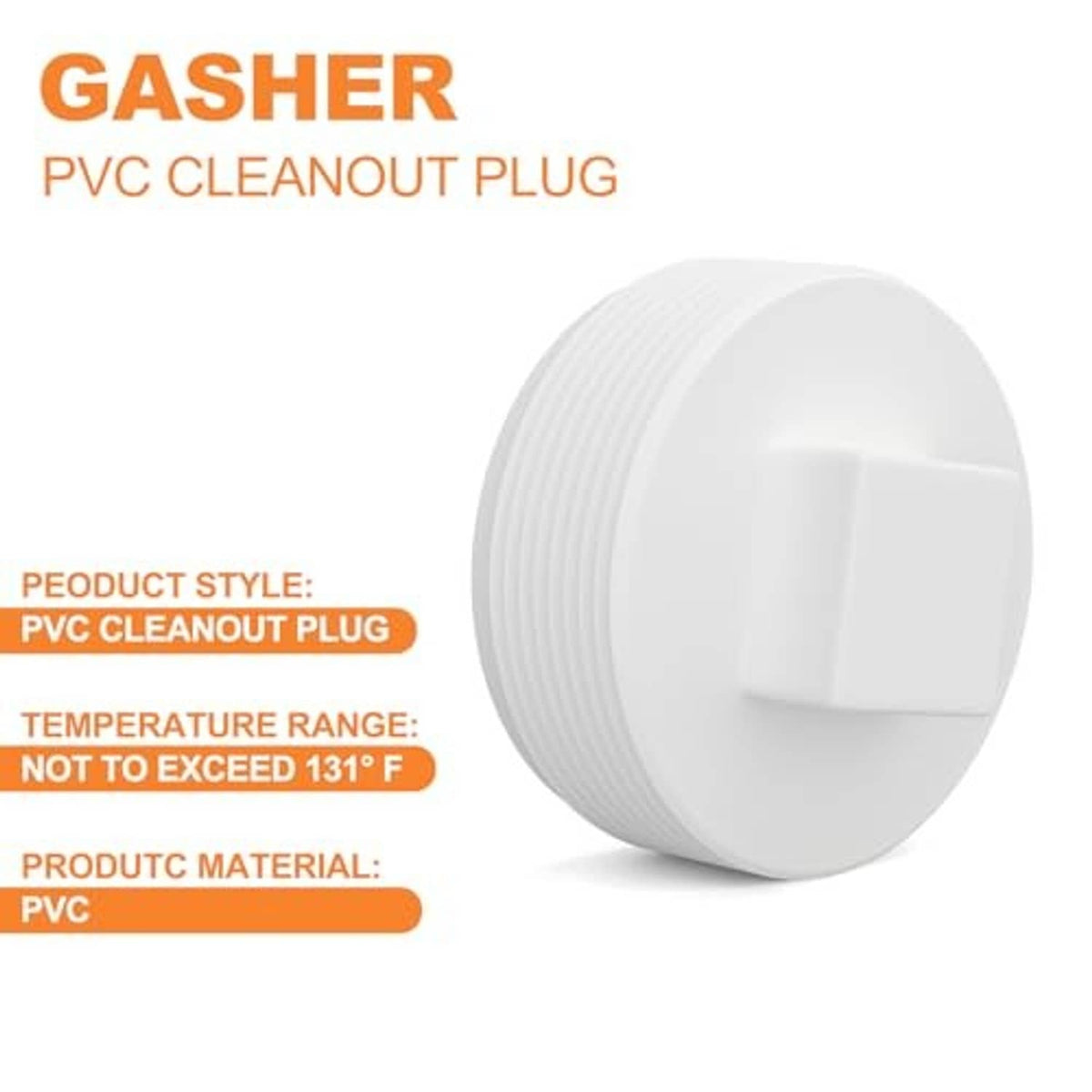 White PVC cleanout plug, round end cap with threaded male-style opening
