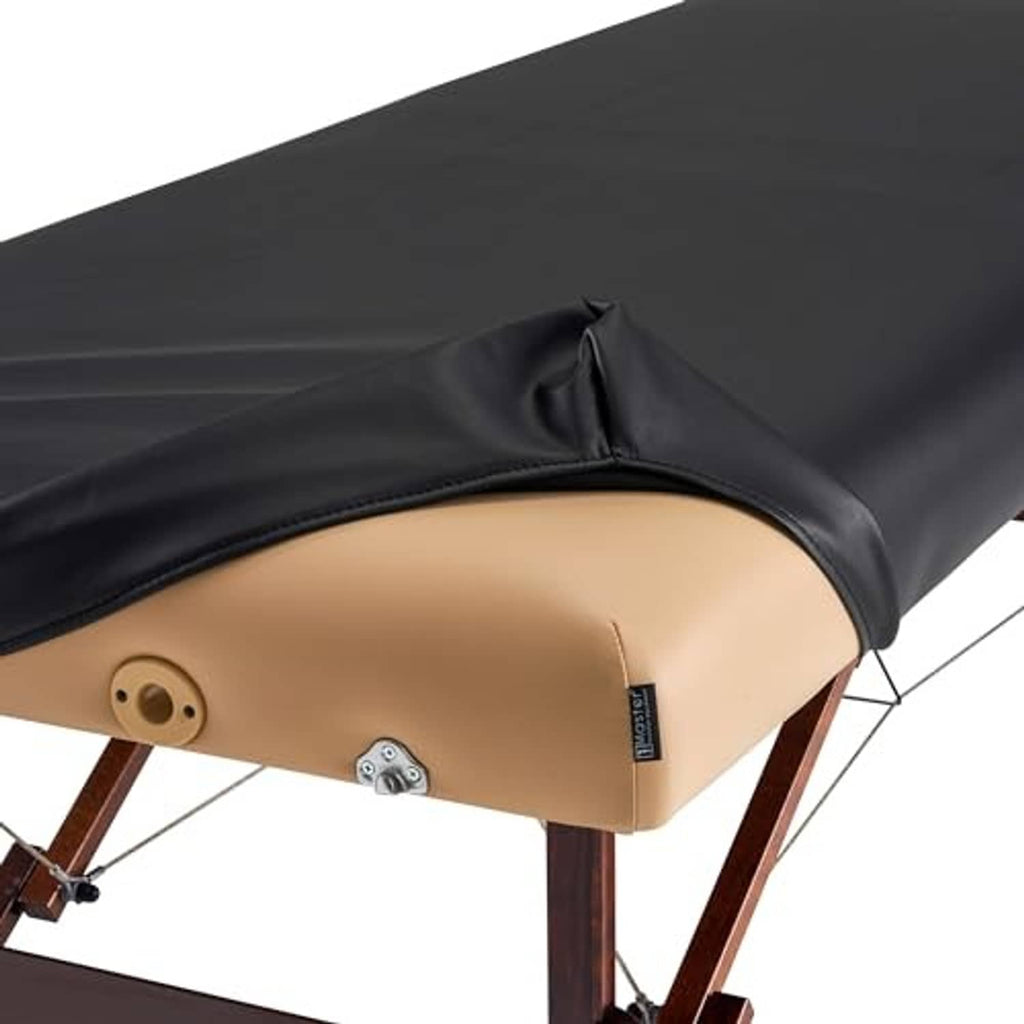 Close-up of black PU vinyl massage table cover end panel and mounting hardware