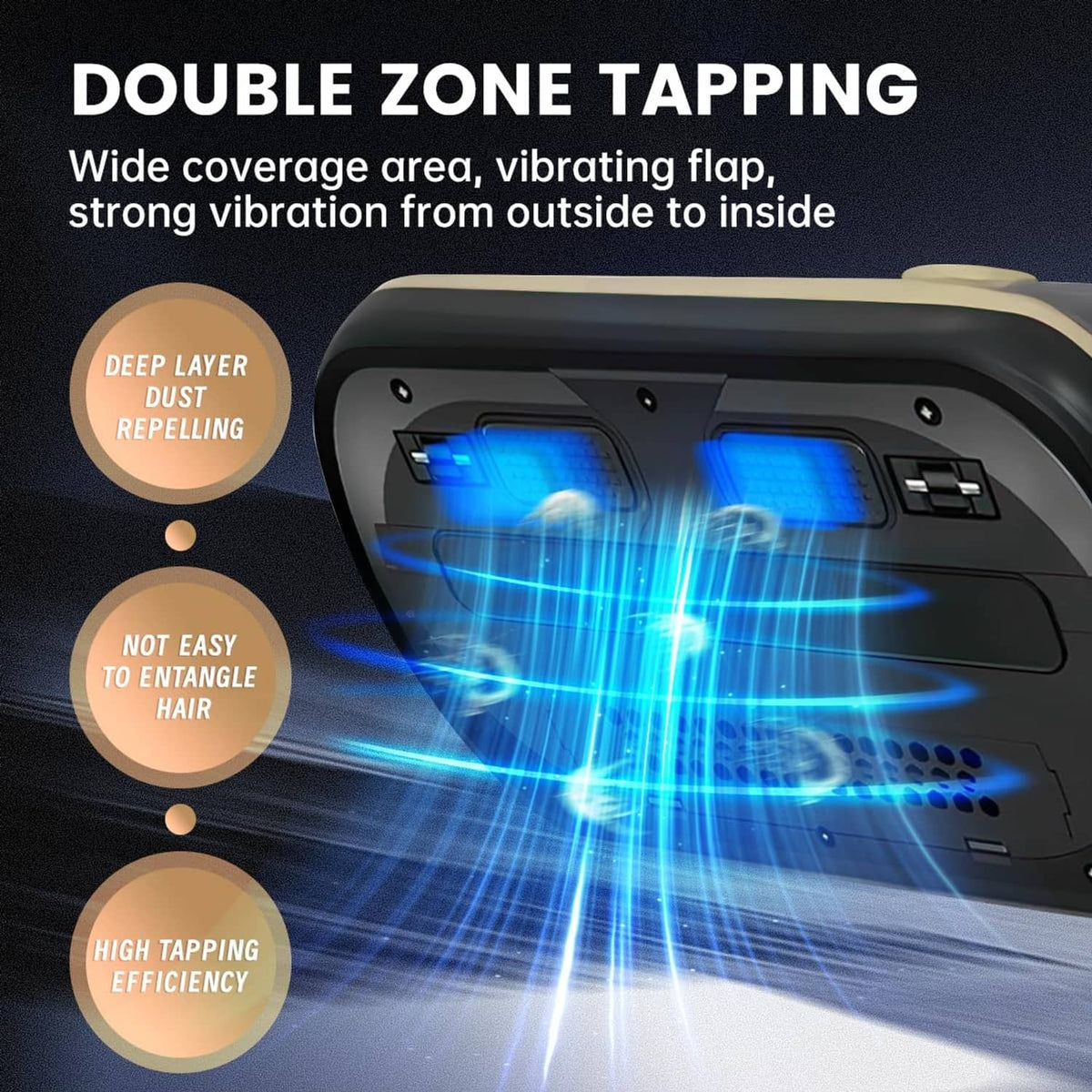 Tapping mattress vacuum nozzle with dual channels and blue-lit vibration panel