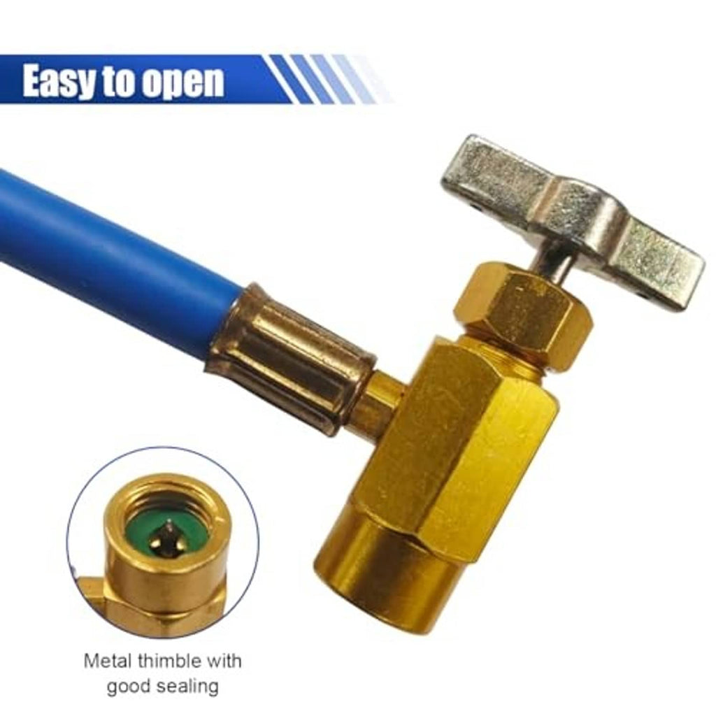 Car AC charging hose end with gold valve connector and metal shutoff handle