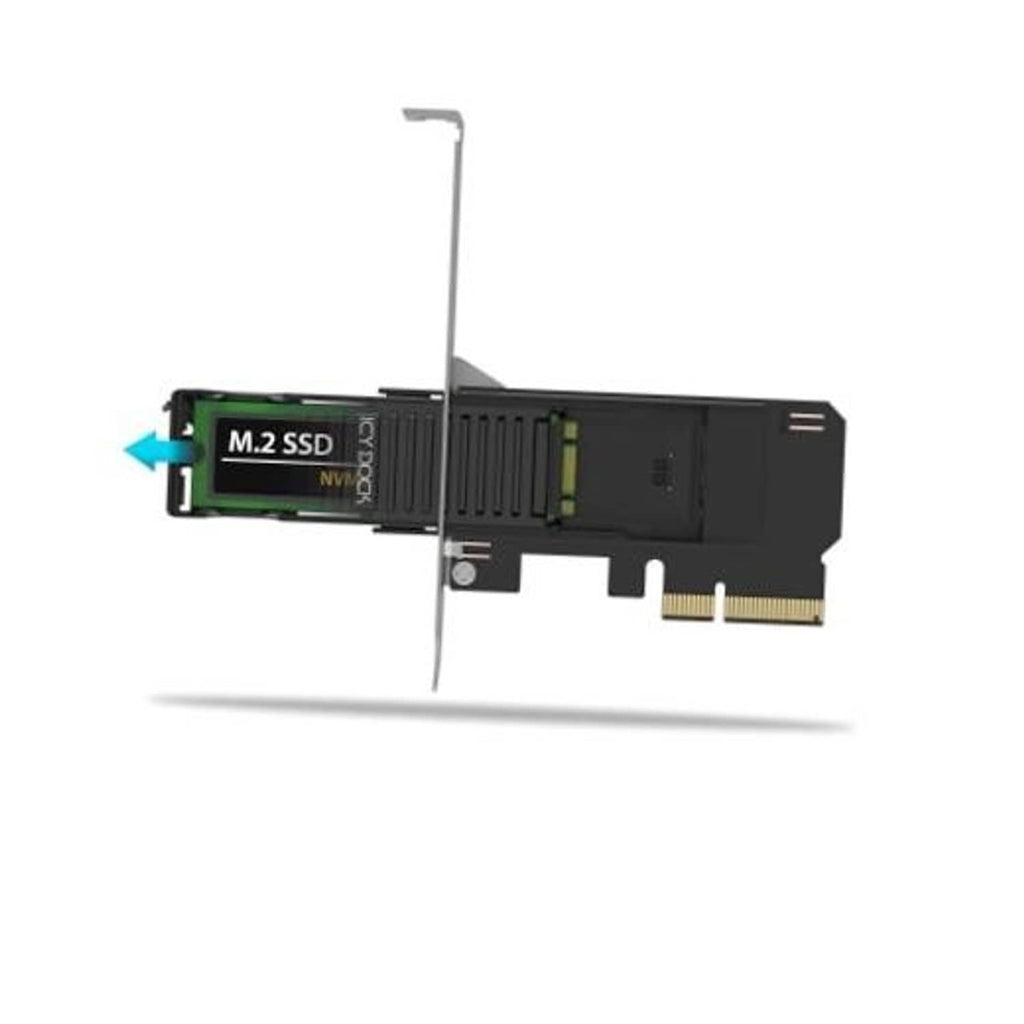 Black PCIe NVMe M.2 mobile rack adapter with M.2 SSD installed and gold edge connector