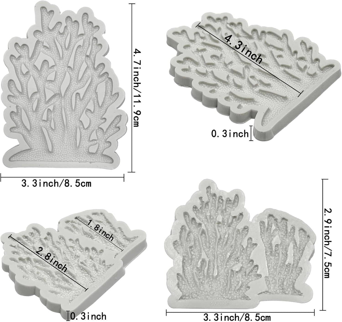 Gray coral silicone mold with size guides: 3.3 in and 4.1 in dimensions shown