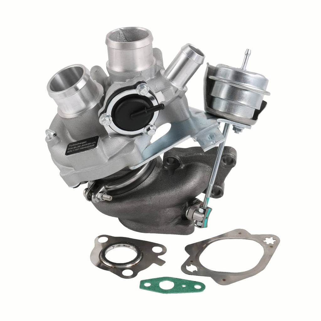 Turbocharger with compressor housing, silver inlet pipes, and included mounting gaskets