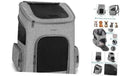 Gray ventilated dog backpack carrier with front mesh window and zippered door