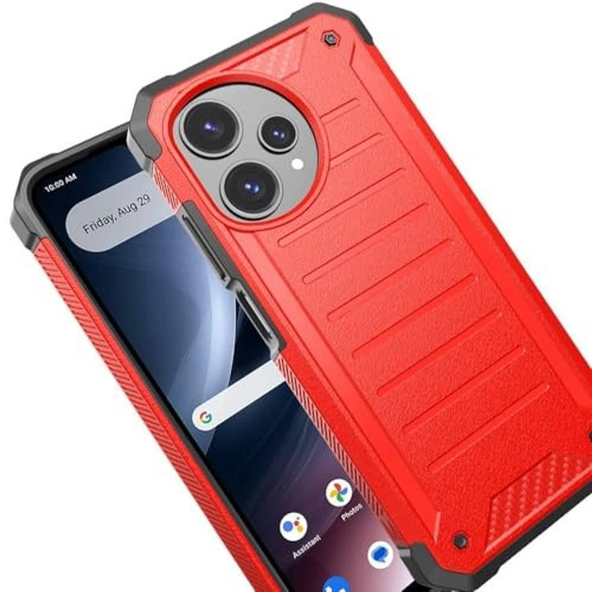 Red rugged phone case with triple-lens camera cutout, diagonal grip texture and ports