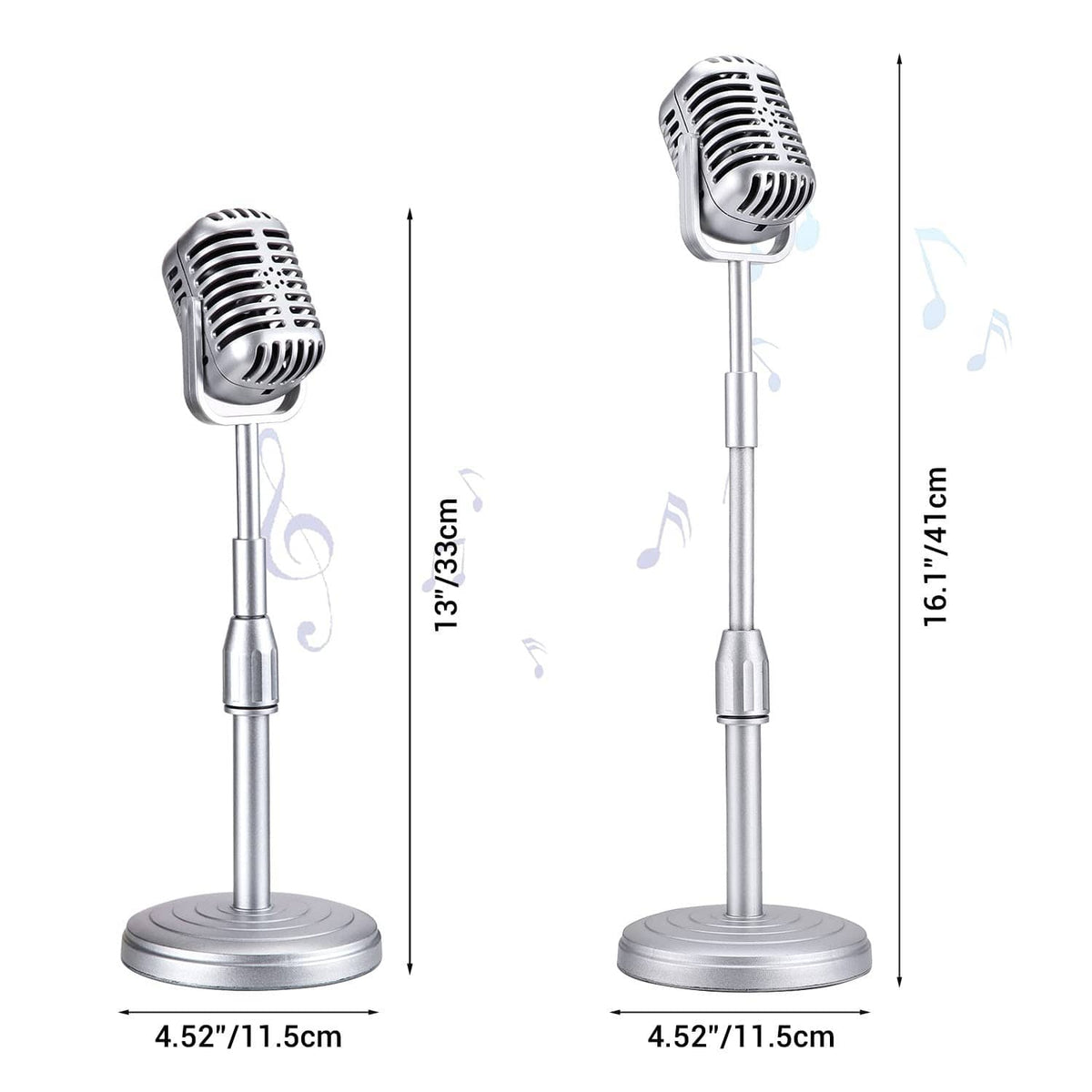 Vintage desktop microphone prop on round base with telescopic adjustable stand, two heights