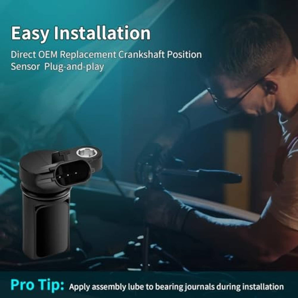 Engine camshaft position sensor easy installation graphic with technician and sensor