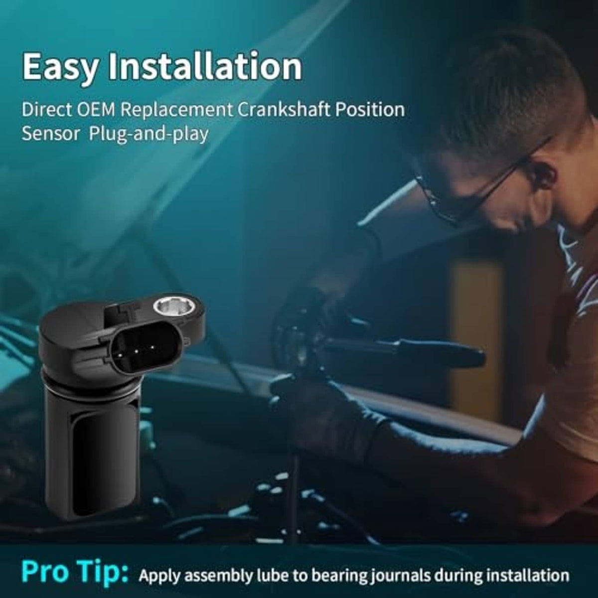 Engine camshaft position sensor easy installation graphic with technician and sensor