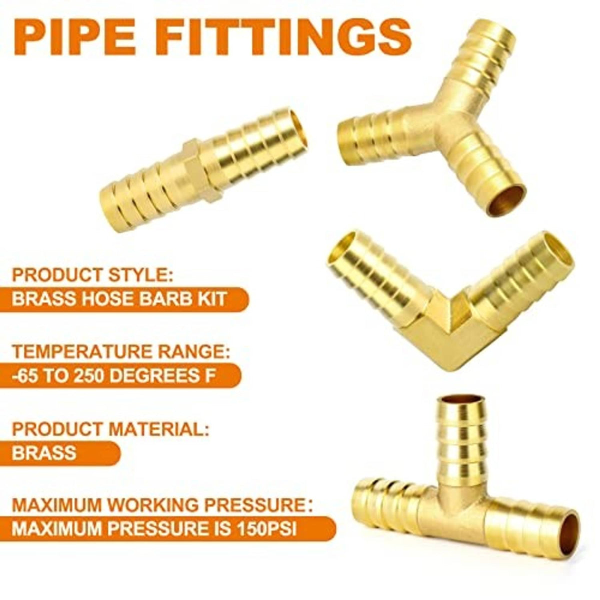 Brass pipe fitting layout featuring multiple hose barb pieces and one 90-degree connector