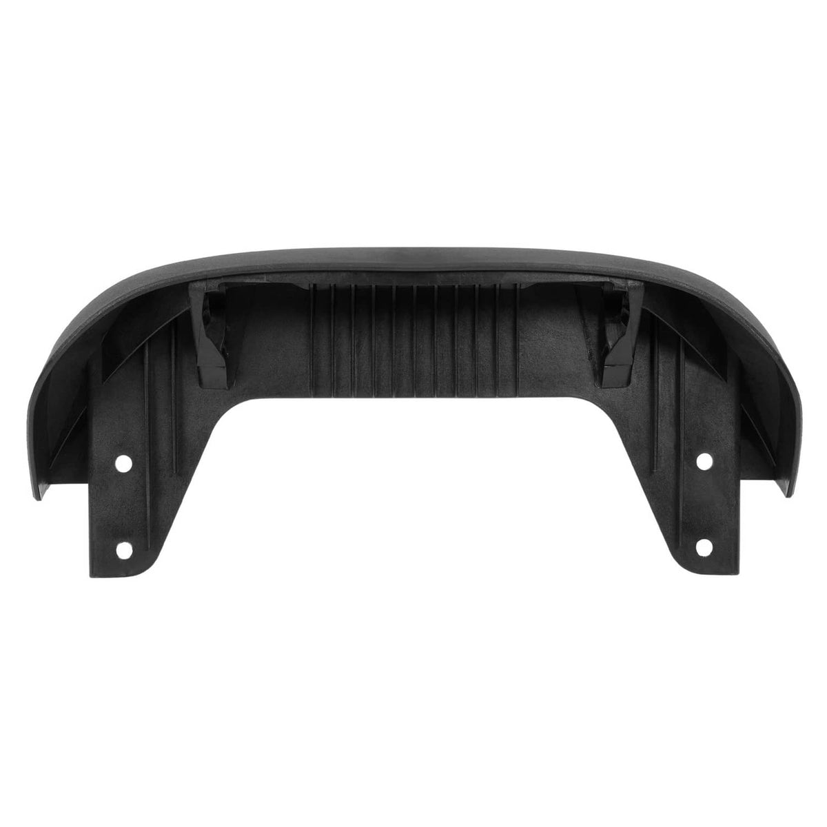 Black plastic hood pivot bracket underside with ribs and two mounting holes