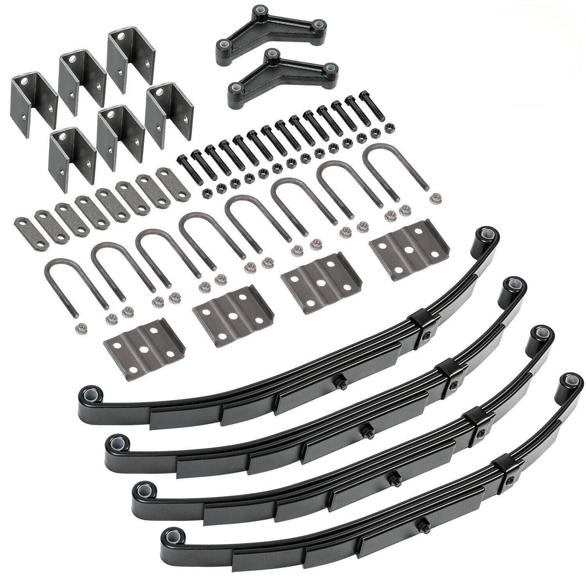 Trailer axle suspension kit with black leaf springs, equalizers, U-bolts, hangers, and bolts