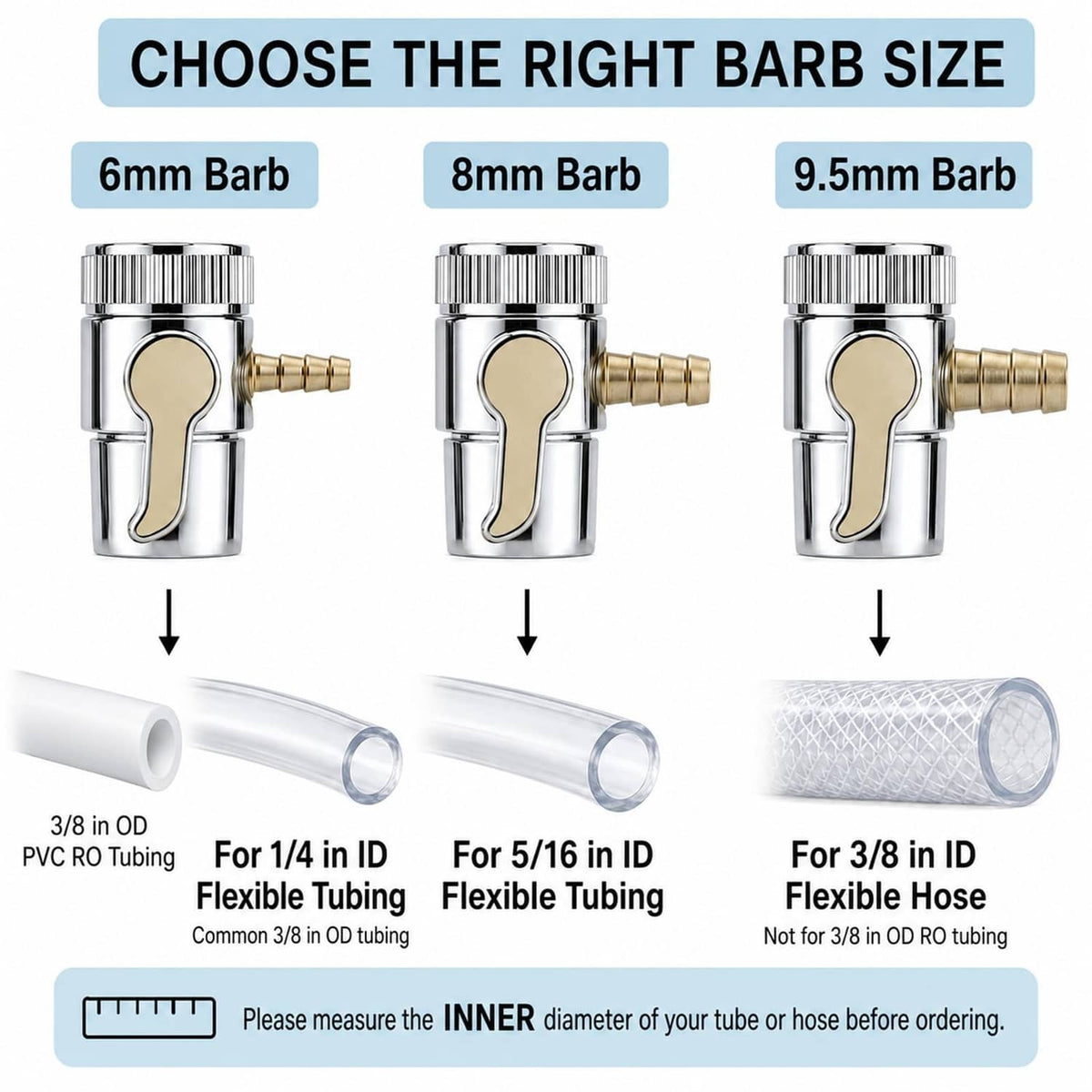 Chrome faucet diverter valve with 9.5mm barb size for 3/8 in ID flexible hose