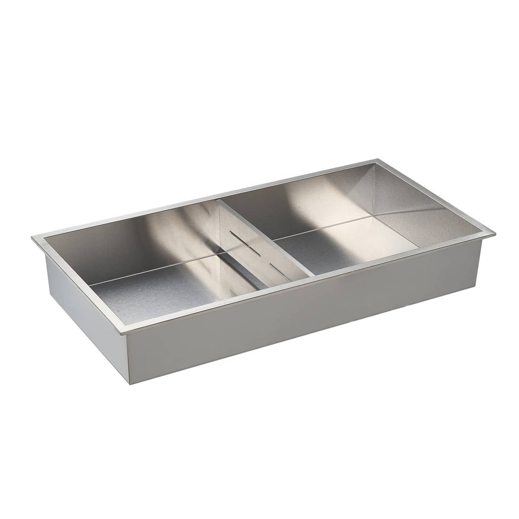 Stainless steel recessed shower niche shelf with two long sections and side walls