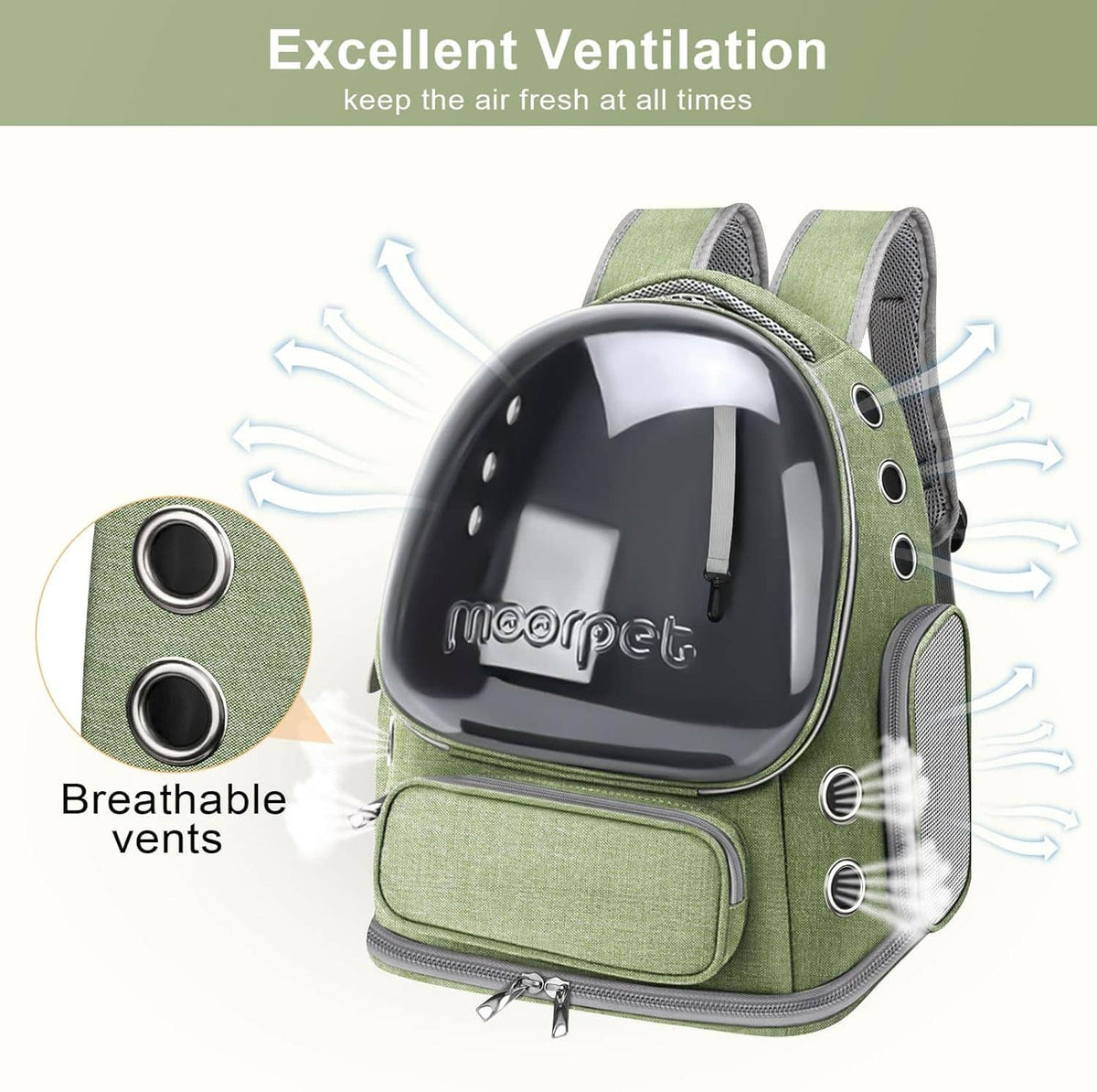 Green cat backpack carrier with clear bubble window, mesh vent panels, and side cushions
