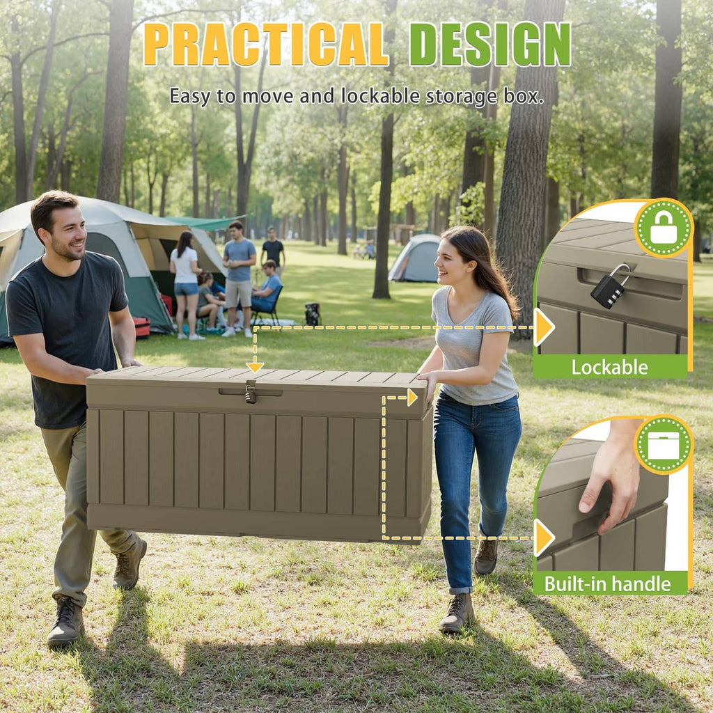 Coffee outdoor storage box with lockable lid and built-in handles