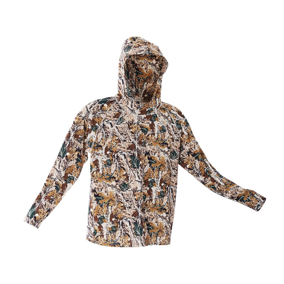 Camouflage pullover hoodie with hood, long sleeves, and relaxed side view