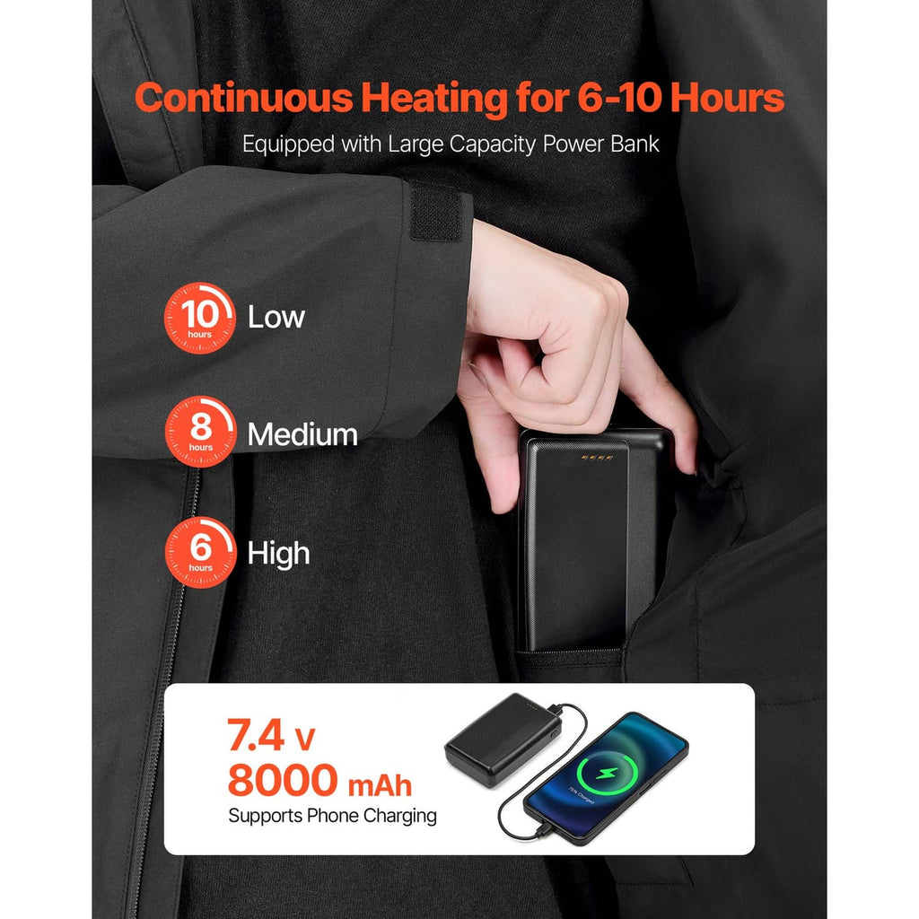 Black heated jacket with zip pocket and battery pack shown near the waist.
