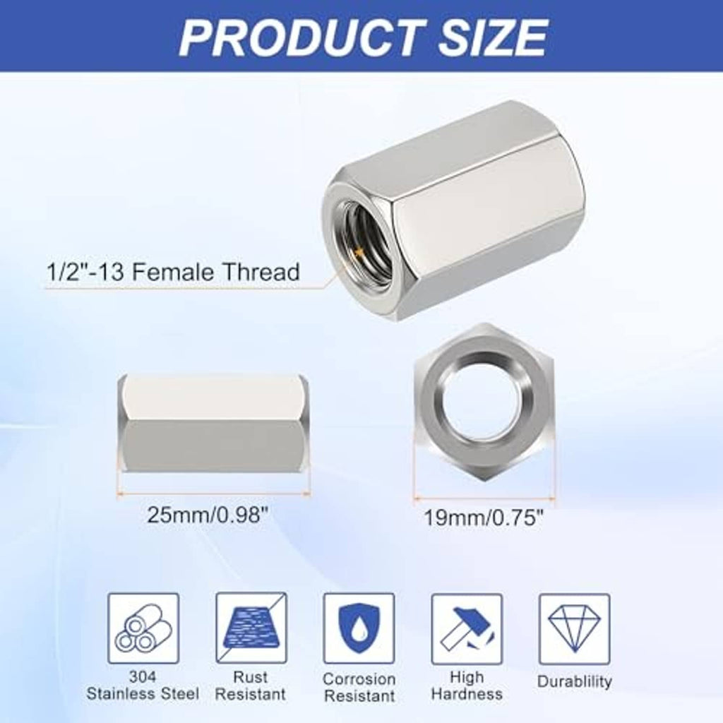 Hex coupling nut with visible internal female thread and smooth hex outer profile