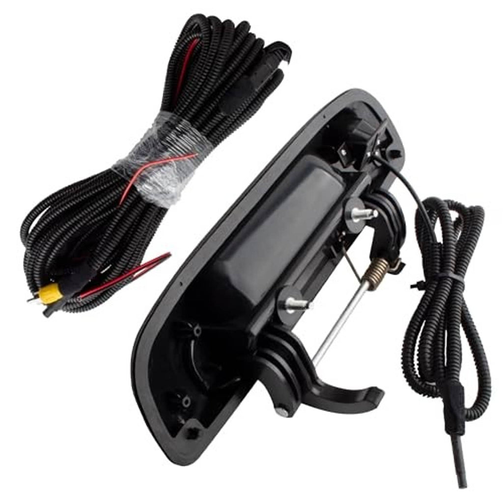 Backup tailgate handle camera assembly with black handle, bracket, and cable connections