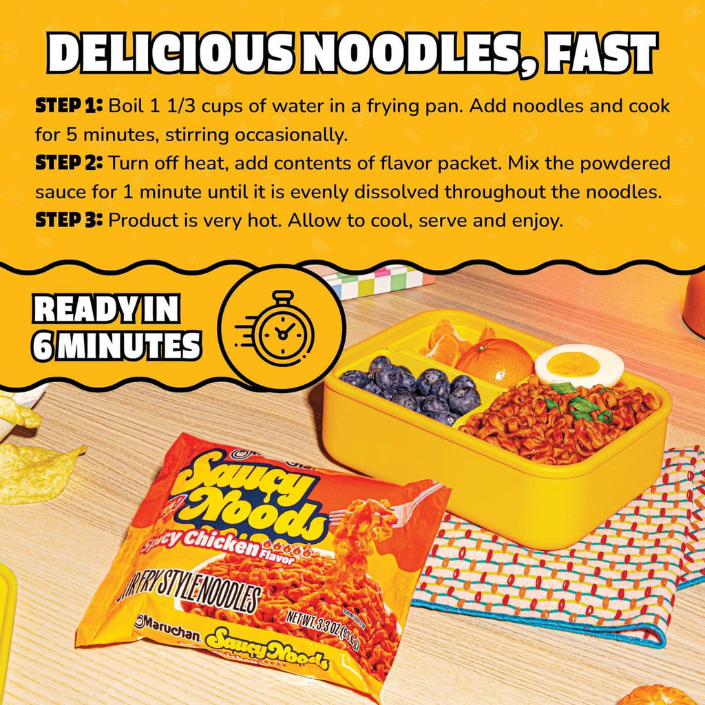 Maruchan Saucy Noods spicy chicken noodle pouch with cooking steps graphic