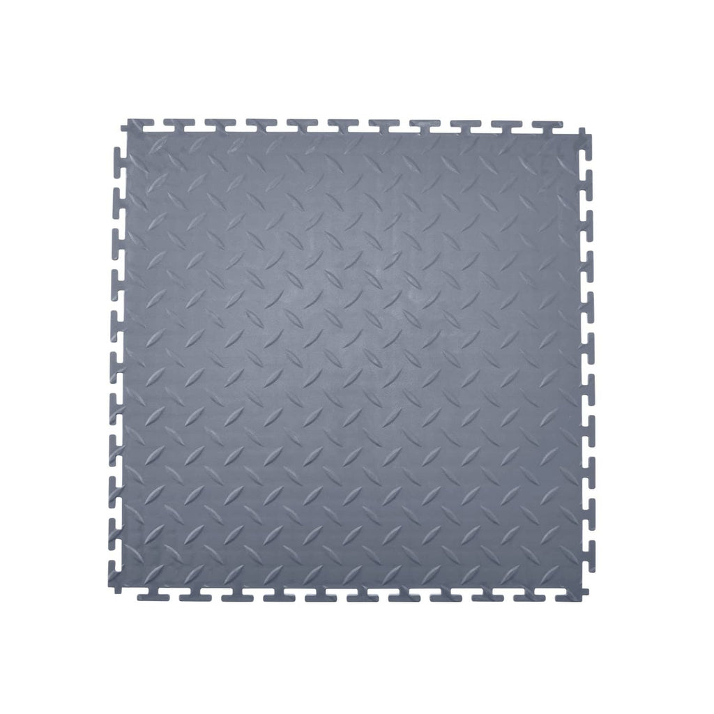 Square gray PVC interlocking garage floor tile with textured diamond pattern surface