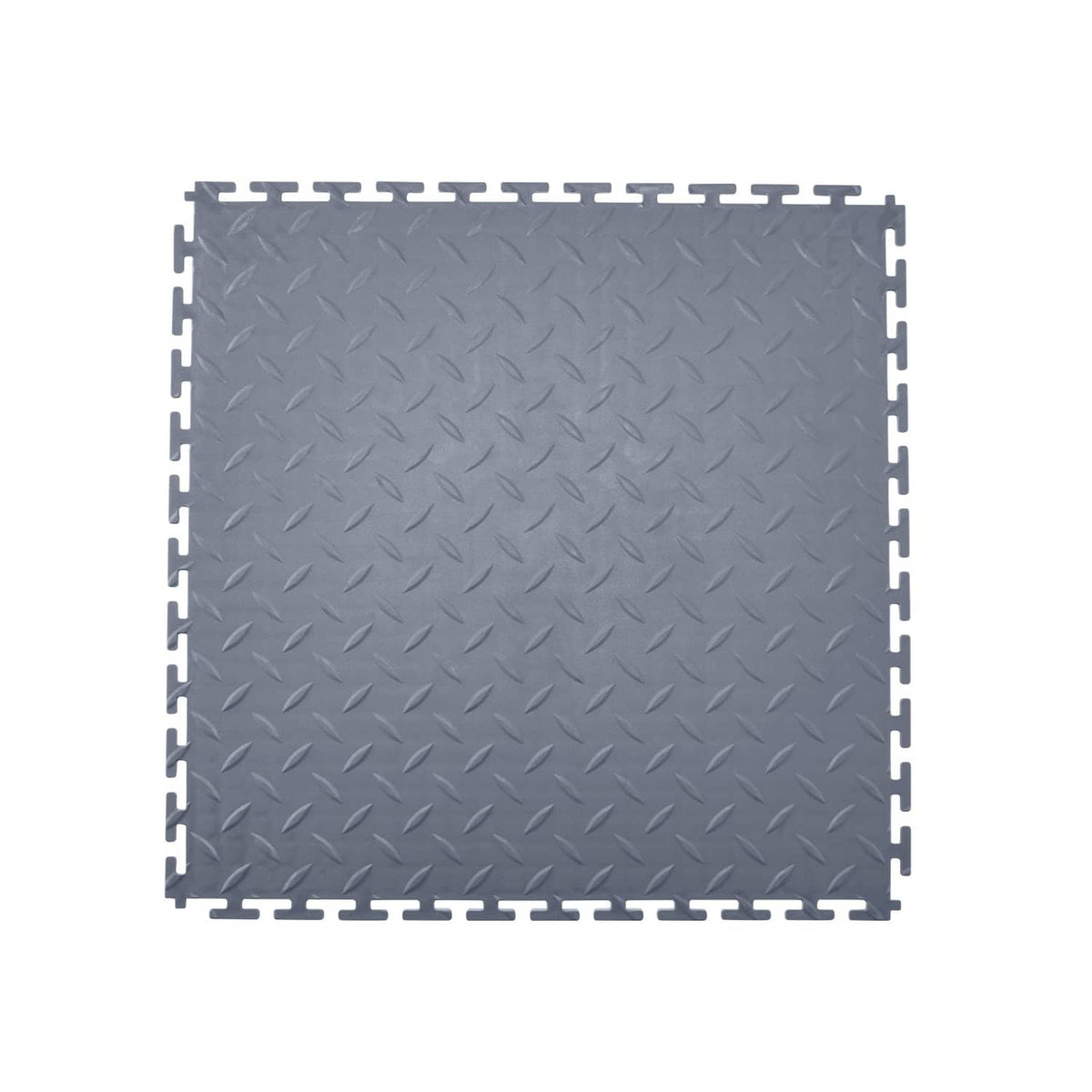 Square gray PVC interlocking garage floor tile with textured diamond pattern surface