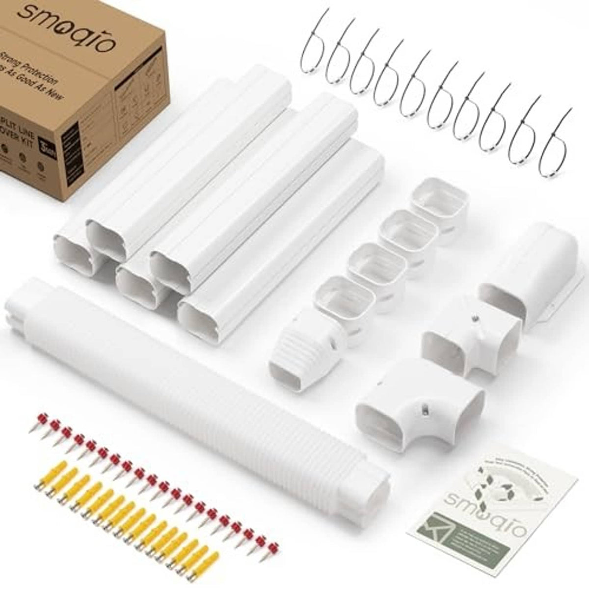 White mini split line set cover kit with curved elbow pieces, couplers, and duct sections