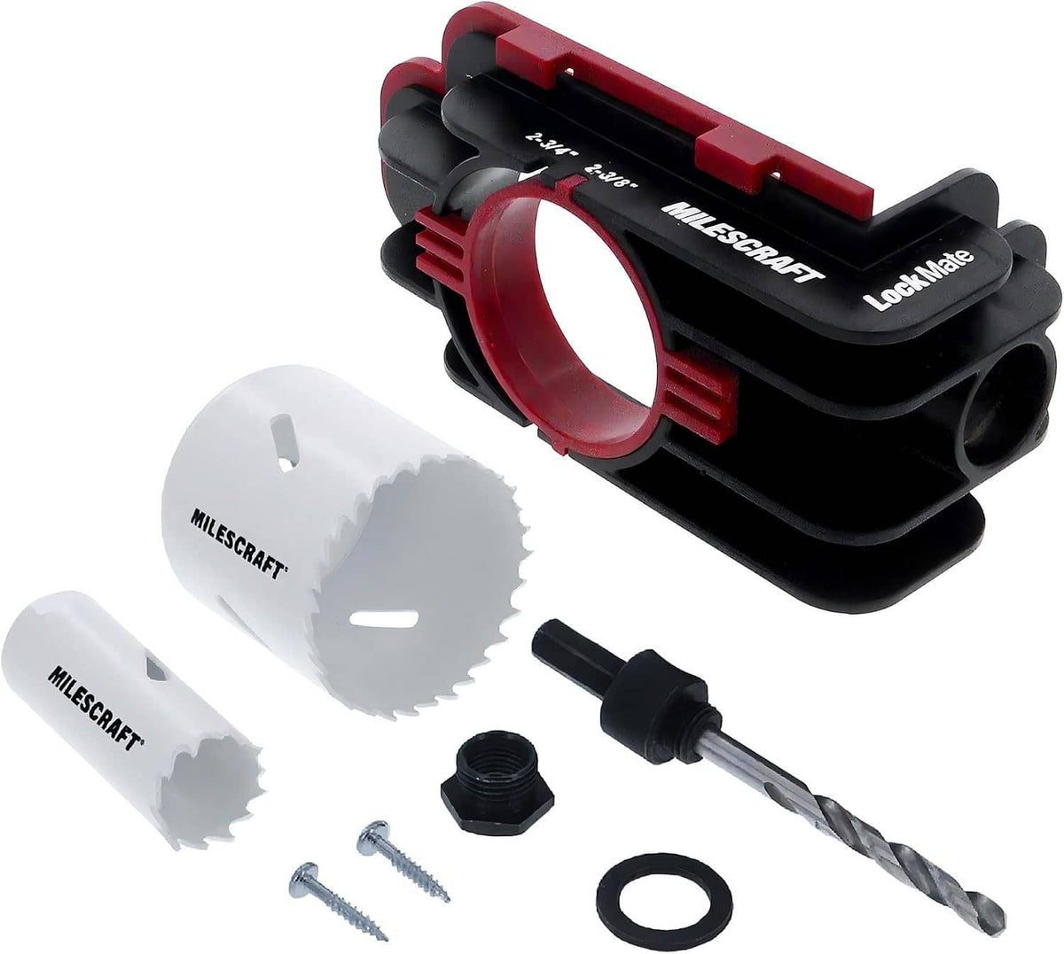 Door lock installation jig kit with red/black jig, hole saws, drill bit, screws, washer