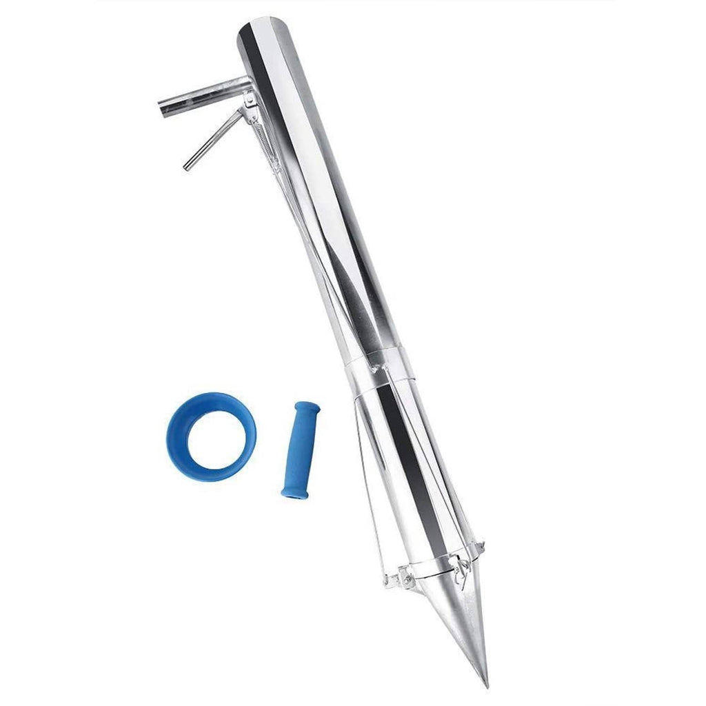 Long handled bulb planter tool with blue funnel and stainless-steel shaft
