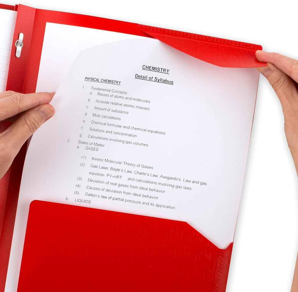Hands holding a red prong folder with printed notes inside and metal binder clips