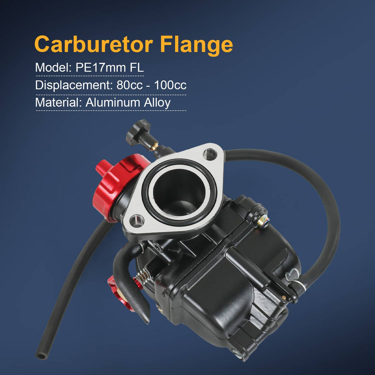 Flange racing carburetor with red adjuster knob, black body, intake bore and linkage