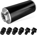 Inline fuel filter canister with black housing and silver AN threaded inlet/outlet