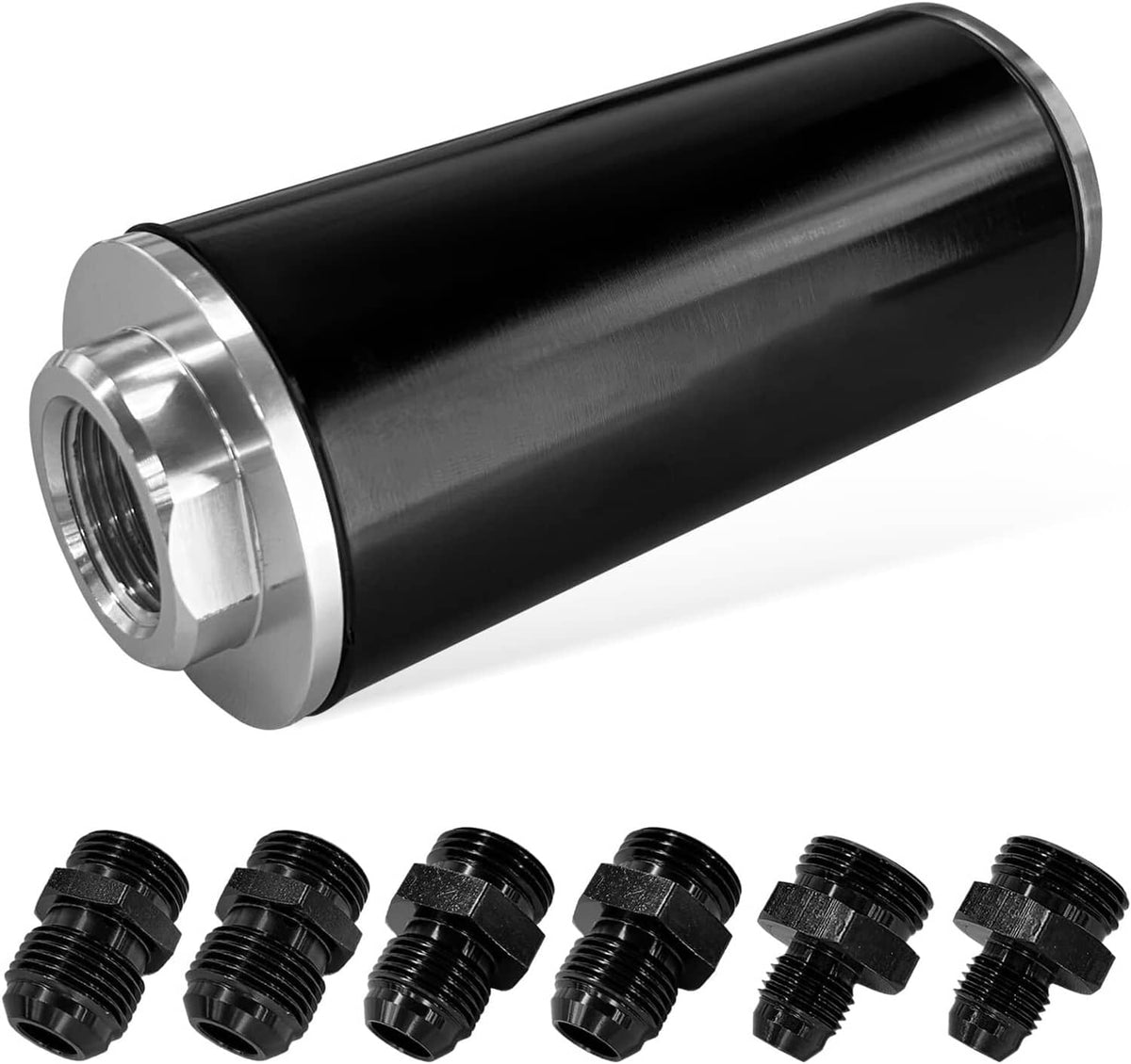 Inline fuel filter canister with black housing and silver AN threaded inlet/outlet