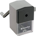 Gray and black manual desktop pencil sharpener with 8mm opening and crank handle
