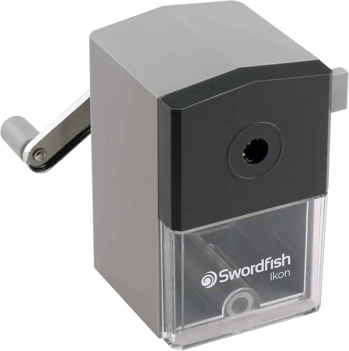 Gray and black manual desktop pencil sharpener with 8mm opening and crank handle