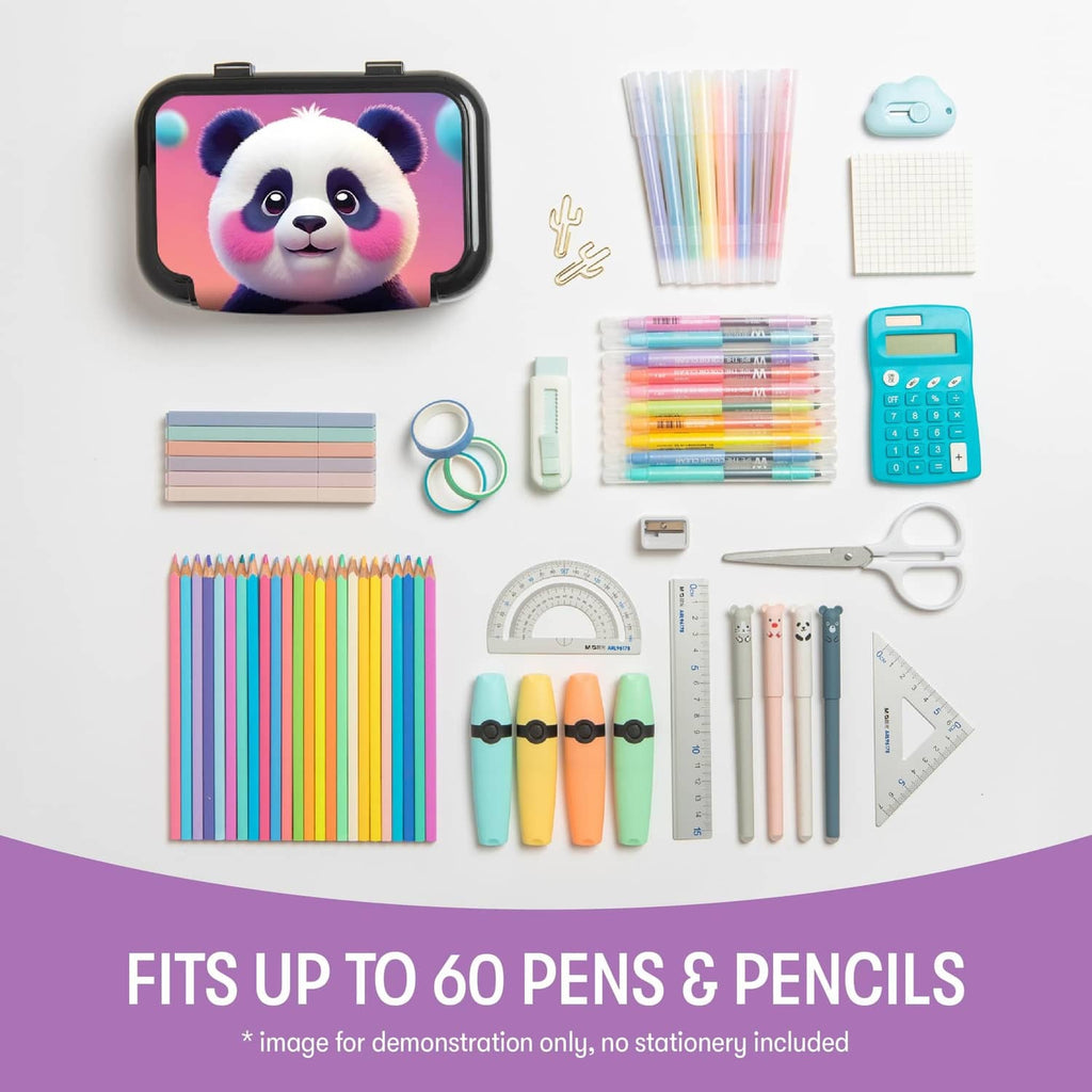 ZIPIT recycled plastic pencil box with panda lid, shown with markers and pencils