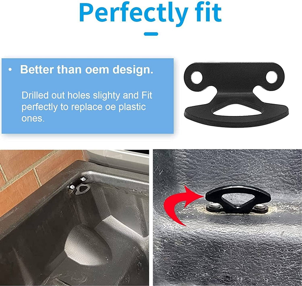 Black tie-down hook anchor bracket with drilled mounting holes and curved base