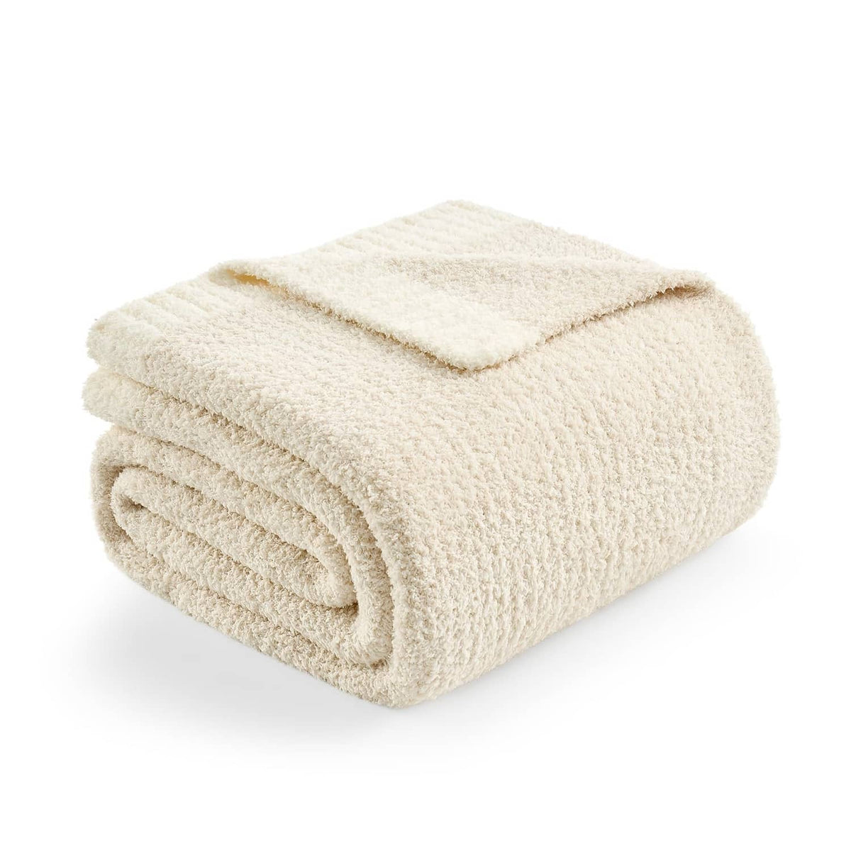 Ivory throw blanket with cozy textured plush and folded rolled edge