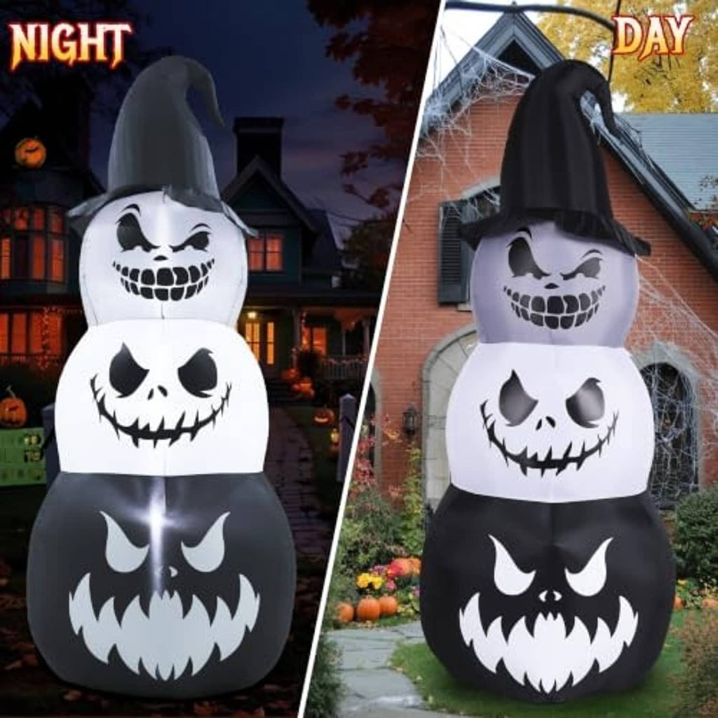 Inflatable Halloween pumpkin stack with witch hat, night and day views