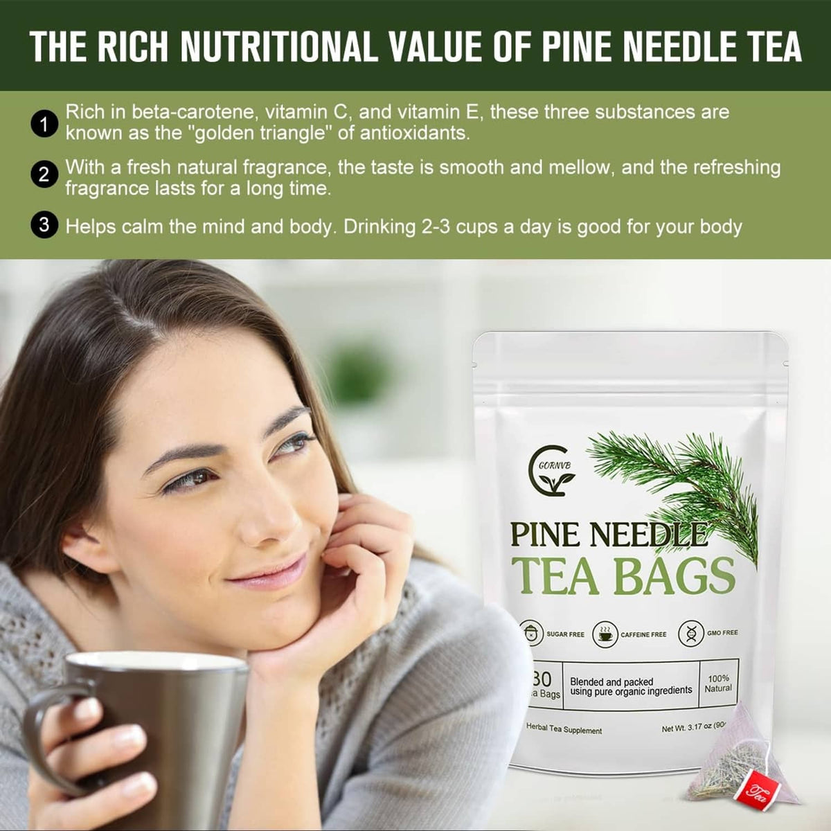 Pine needle tea bags pouch with a single tea bag string bag beside it