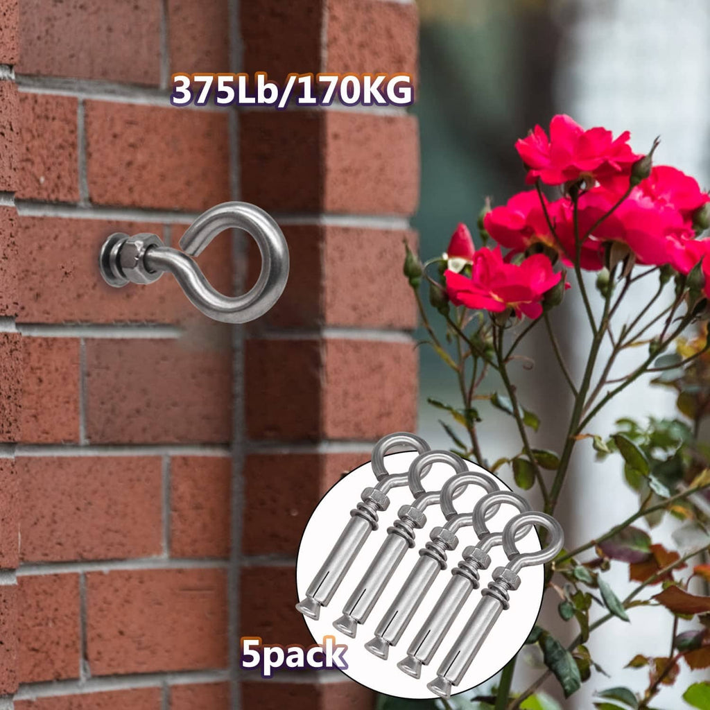 Five-pack stainless steel expansion eye bolt anchors for concrete mounting