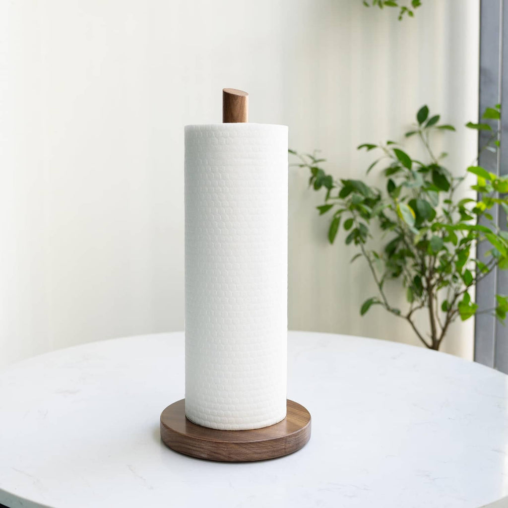 Dark walnut base with vertical wooden pole holding a white paper towel roll