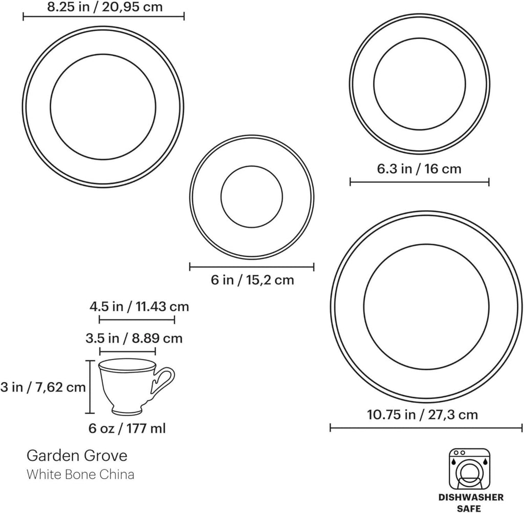 Dishware measurement diagram showing cup and multiple plates for a place setting