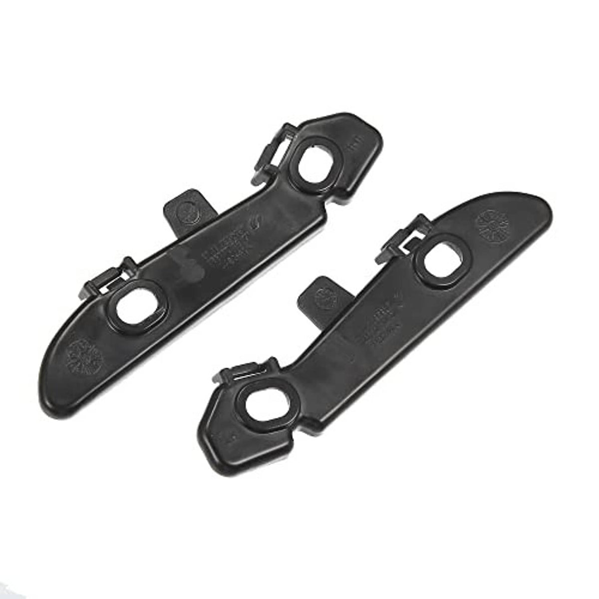 Black plastic front bumper mounting support brackets, two-piece set with round holes