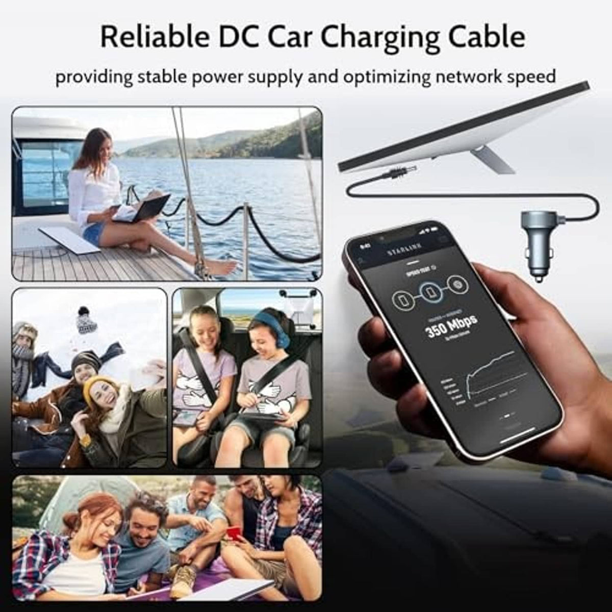 Car DC charging cable with adapter connected to a vehicle dashboard power outlet
