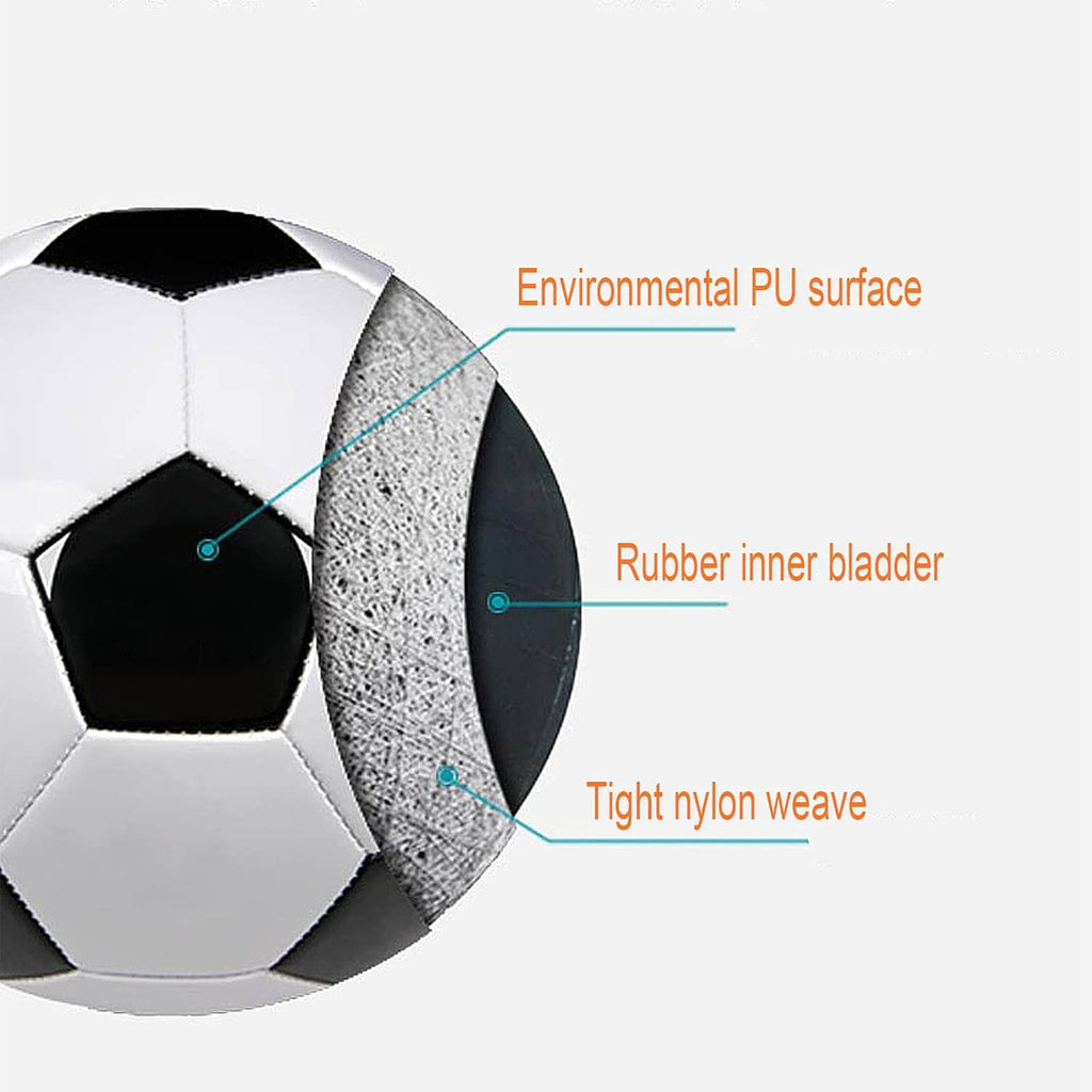 Soccer ball build details: PU outer surface, rubber inner bladder, tight nylon weave